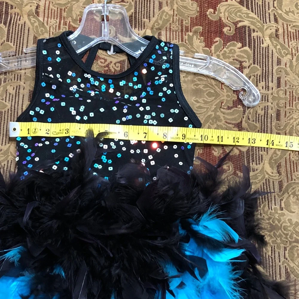 Weissman Size SC (Small) Girls Leotard Black/Teal Feathered Sequin Dance Costume